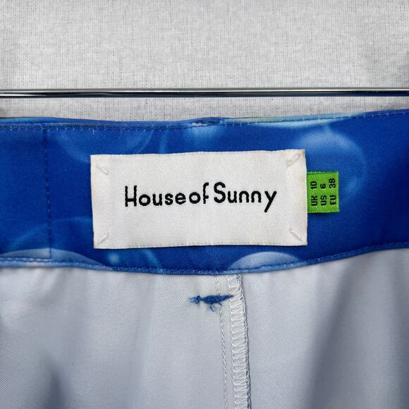 HOUSE OF SUNNY Fantasia Flare Pants Womens 6 Blue Bubble Print High Rise Stretch - Picture 10 of 16